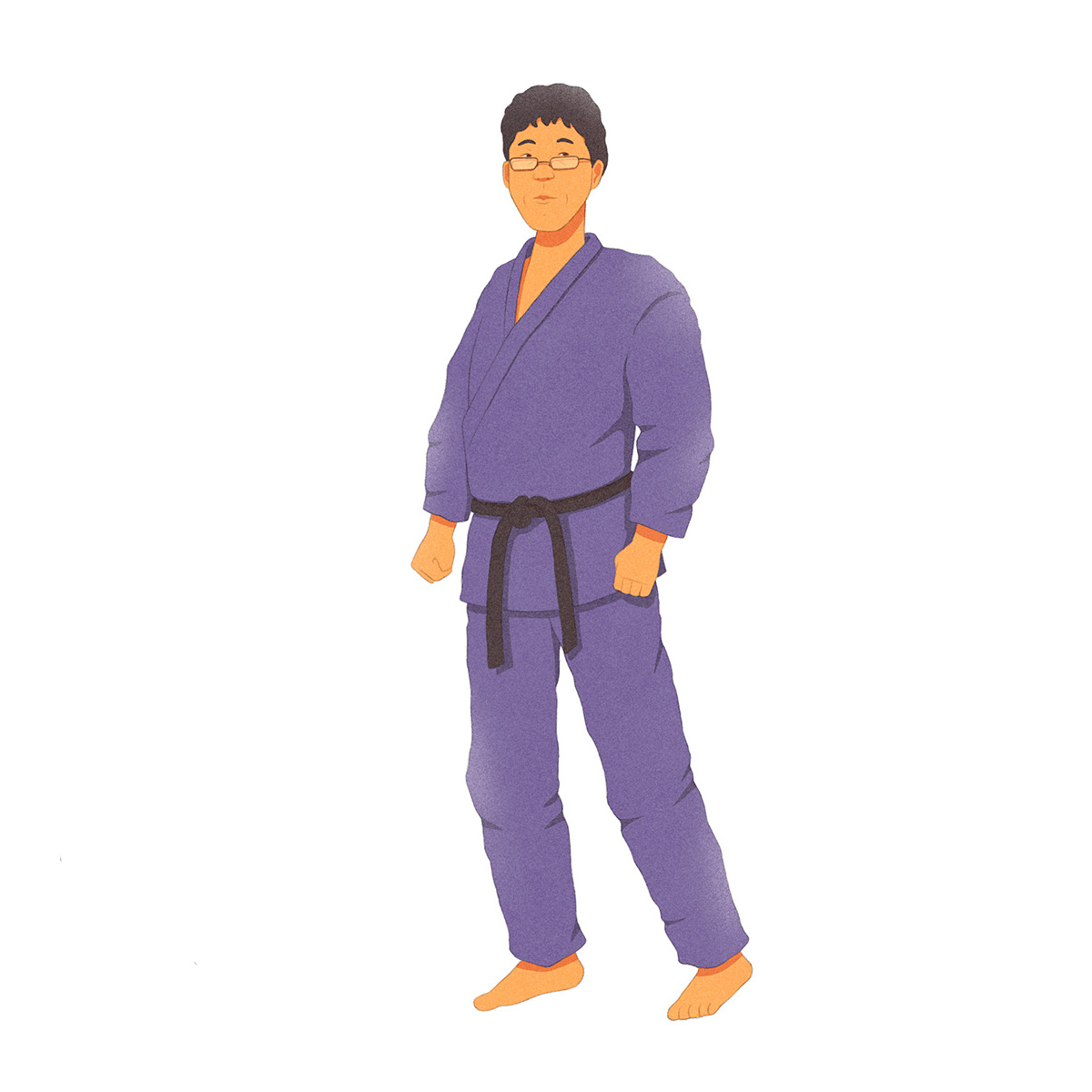 Ilustração do judoca Futoshi Urata, de pé, em kimono azul.